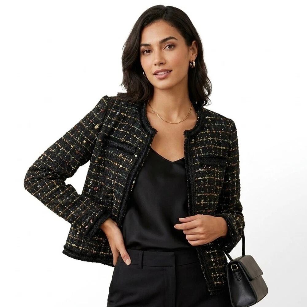 Tahari Size Small Black Metallic Thread Tweed Fringe Trim Blazer Jacket in Work